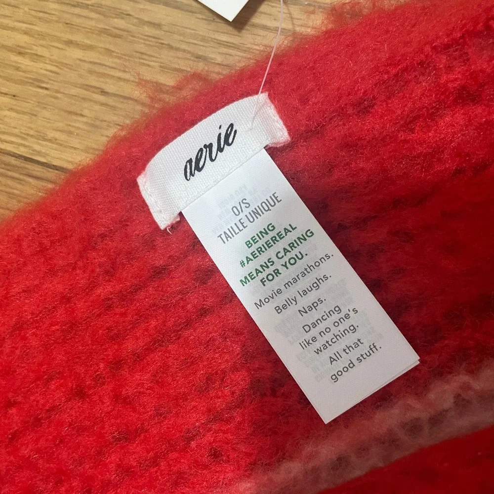 Aerie Red White Striped Fuzzy Cozy Knit Oversized Blanket Fringe Scarf NWT